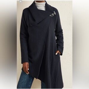 Garnet Hill 100% Wool Coat. Asymmetrical Front.Pockets, Silver Clip Front